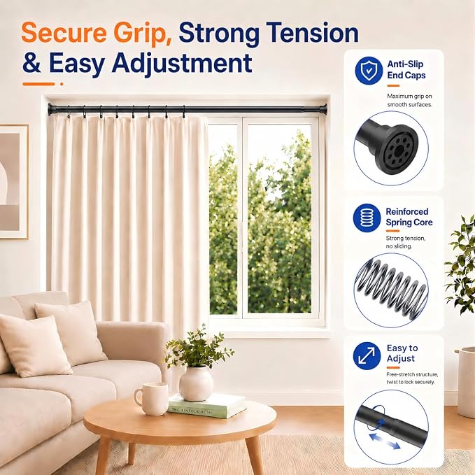 ALLZONE Adjustable Tension Curtain Rod, 2 Pack 42 to 78 Inches, Spring Loaded Curtain Rods No Drilling, Renter Friendly Tension Rod for Windows, Shower, Closet, No Drill, Non-Slip, Black