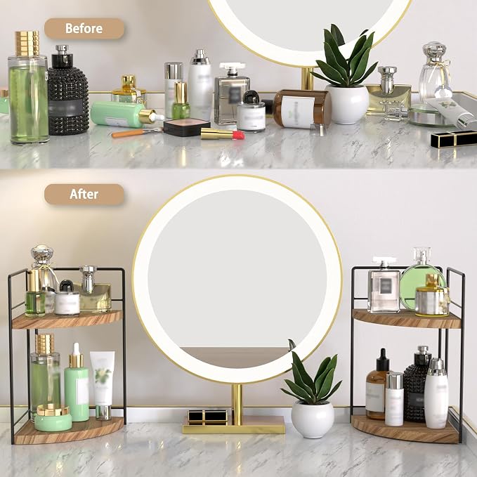 2 Pack Bathroom Counter Organizer, 2 Tier Corner Bathroom Counter Organizer Wooden Double Vanity Organizers for for Double Sink Organizers and Kitchen Storage Dresser Decoration