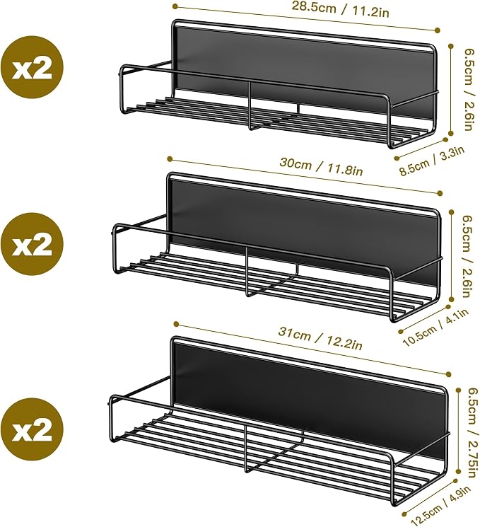 Mystozer 6 Pack Magnetic Spice Rack Organizer, Space Saver for Refrigerator and Whiteboard, Metal Fridge Shelf for Kitchen and Classroom Refrigerator Organizers and Storage Spice Rack Shelf (Black)