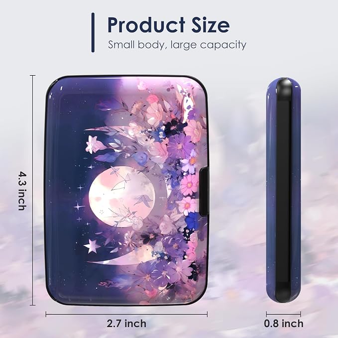Mini Credit Card Holder for Women Men, RFID Blocking Slim Metal Card Case ID Case Business Travel Hard Wallet, Purple Flowers Moon