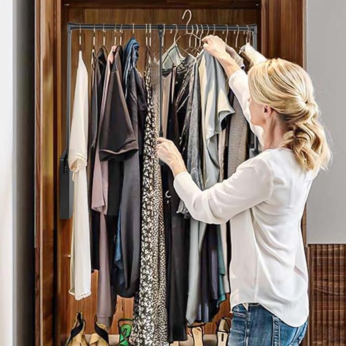 Pull Down Closet Rod 2 Pack, Adjustable 35''-47.6'' Wardrobe Lift Rail Rod | Side Mounted Two-way Buffering Closet Poles for Hanging Clothes, Heavy Duty Pull Down Clothes Rack, 33 lbs Load Capacity
