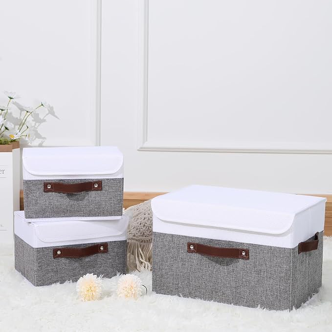 ANMINY 2PCS Storage Boxes with Lids Washable Decorative Storage Bins Basket with PU Leather Handle Foldable Linen Fabric Storage Cubes Containers for Home Closet Organizer - Gray White, Medium