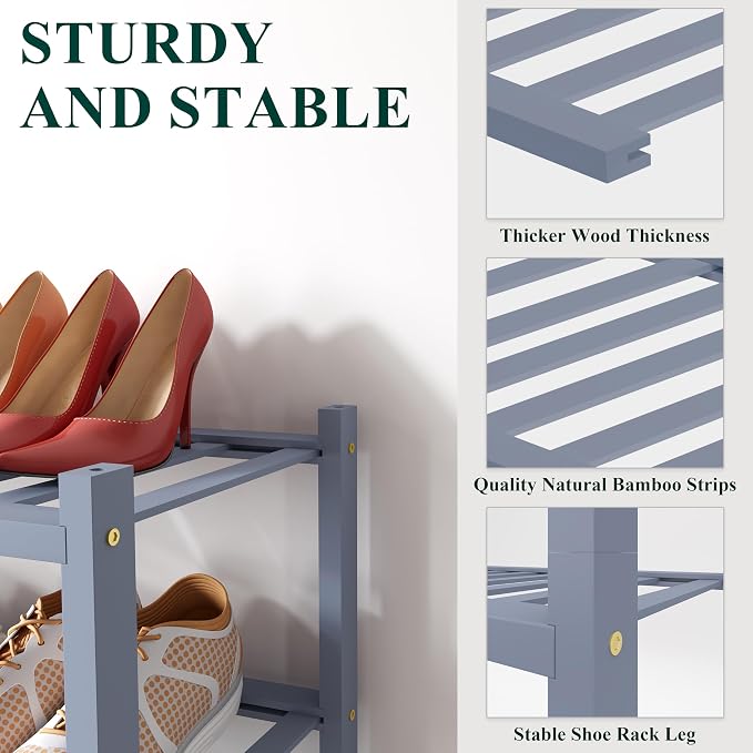Smiry Bamboo Shoe Rack for Closet, 6 Tier Small Wooden Shoe Organizer, Stackable Wood Shoe Storage Shelf for Entryway, 14 Vertical Slats, 3+3 Stack Heavy-Duty Legs, 17.32"x11.02"x36.61", Grey