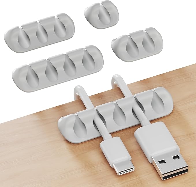 GLUIT Cord Organizer for Desk Cable Holder for Nightstand Charger Organizer Adhesive Desktop Versatile Wire Multislot Clips and Table Management Accessories Office Spaces New Grey 5 Pack, 15 Slots