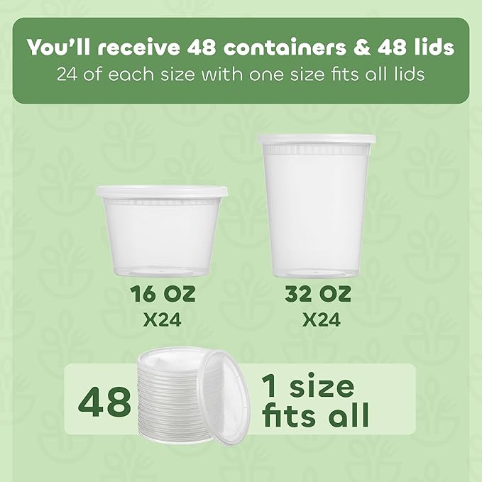 JoyServe 48 Sets Plastic Deli Containers with Lids - 16oz Pint & 32oz Quart | Leak Proof, Microwaveable, Dishwasher & Freezer Safe - Plastic Food Storage, Meal Prep, Restaurant & Soup Containers