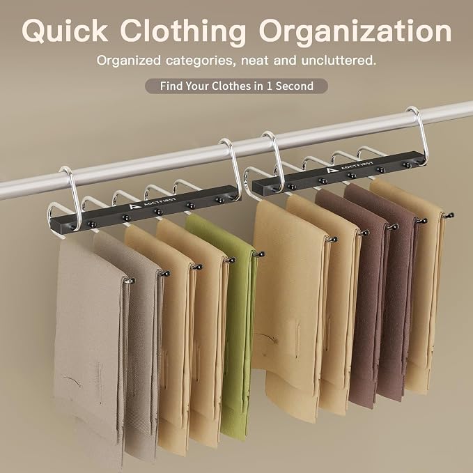Closet Organizer Hangers Space Saving 6 Pack - 5-Tier Pants Hanger for Jeans, Shorts & Skirts | Vertical Storage Solution | Heavy Duty Black Finish