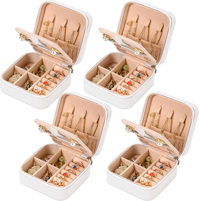 Neveika Jewelry Box with Mirror,Small Jewelry Organizer Box，Travel Jewelry Case for Women，Gift Jewelry Boxes for Female Girls (4pcs mirror white)