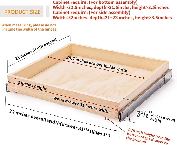 Mulush 32''W x 21''D x 3''H Pull Out Cabinet Drawer Soft Close Slide Out Wood Organizer for Kitchen, Finished, Bottom and Side Assembly (Wood Drawer Part Width is 31inch)