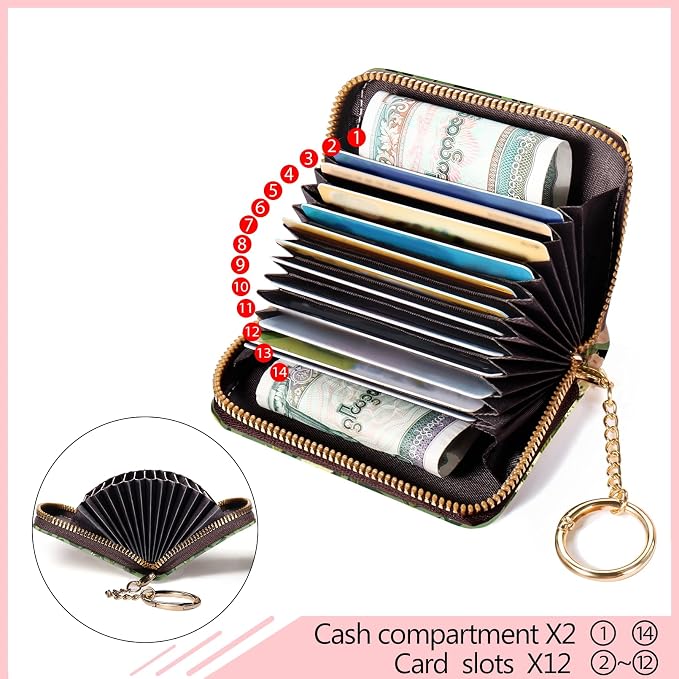 Blusabaca Women's Black Cat Floral RFID Wallet, Waterproof, Leather, 12 Card Slots, 2 Pockets for Coins, 2.5 in x 3.5 in | Removable Keychain, Case with Zipper, Vegan PU Leather, Cash Coin Pocket, Business Accordion Purse, Ladies Female Gift
