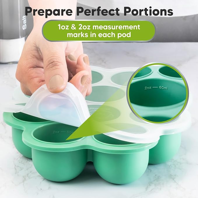 KeaBabies Silicone Food Freezer Trays with Lid, 2oz x 10 Pods (Alpine Green)