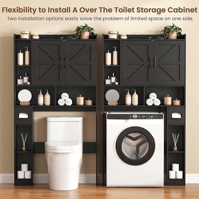 Vabches Over The Toilet Storage Cabinet with 2 Barn Doors, Black | Farmhouse Storage Cabinet with Toilet Paper Holder Stand，Home Space-Saving Toilet Rack, for Bathroom, Restroom, Laundry