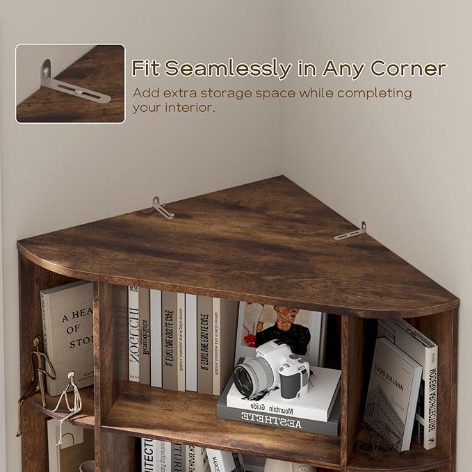 Vabches Corner Storage Cabinet, Farmhouse Storage Shelf with Bottom Cabinet, 67” Tall Corner Bookshelf with Barn Doors and Adjustable Shelf for Study, Living Room and Bedroom(Rustic Brown)