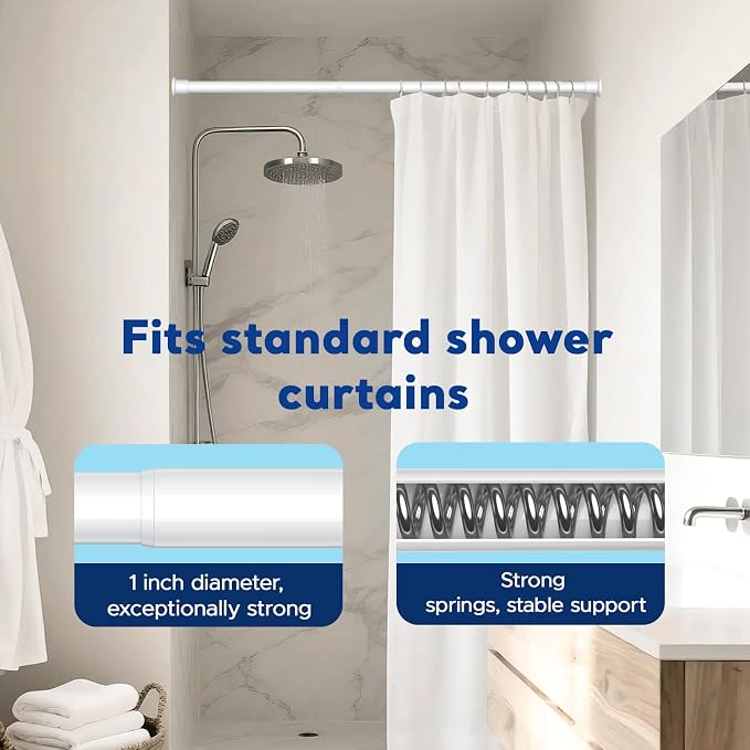 Tension Rods 28 to 61 Inch, 1" Heavy Duty Adjustable Spring Tension Curtain Rod - Non-Slip No Drill Shower Curtain Rod for Bathroom, Window, Closet & Doorway, White