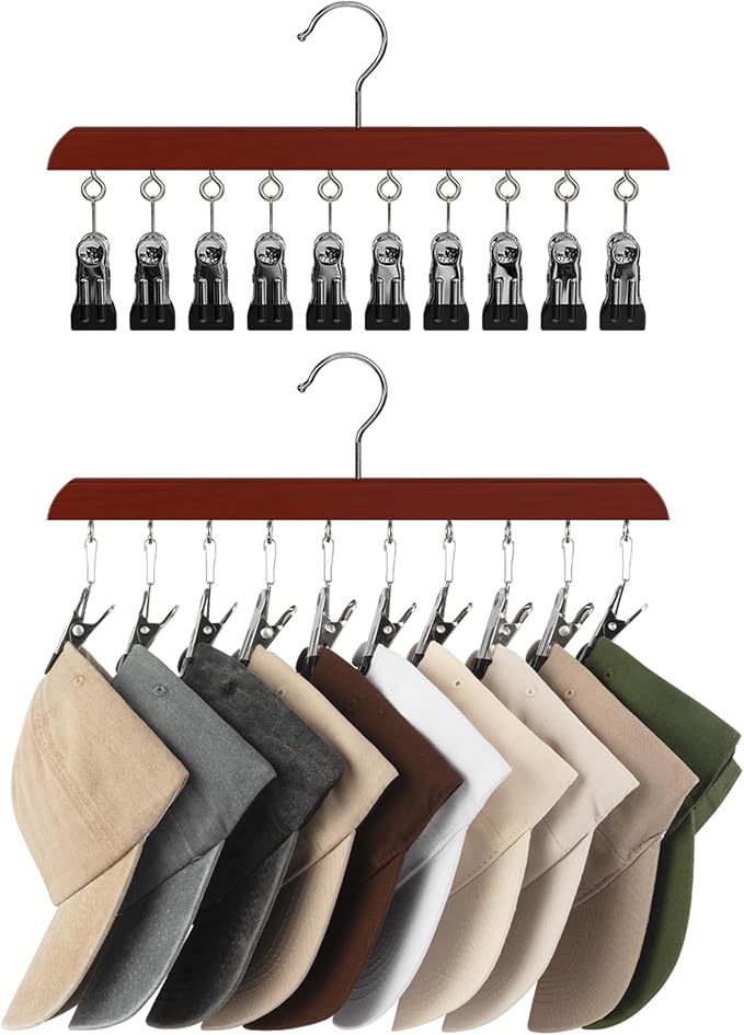 StorageWorks Hat Organizer 2 Pack, Cherrywood Cap Hanger Rack with 10 Clips