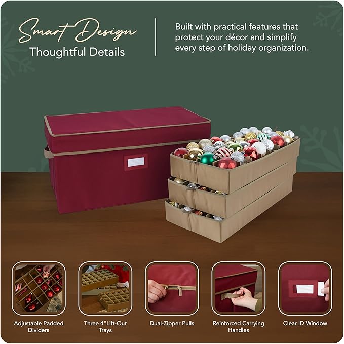 Covermates Keepsakes Adjustable Ornament Storage Box – Heavy-Duty Polyester, Padded Dividers & FlexGrid Trays – Protective Holiday Organizer with Stackable Walls & Label Window, Red