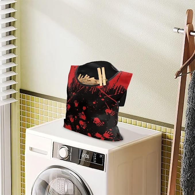 Red Blood Handprint Clothespin Bag with Hanging Hook Summer Laundry Clothes Pin Holder Waterproof Clothes Pin Hanging Bag Clothespin Storage Organizer with Large Opening