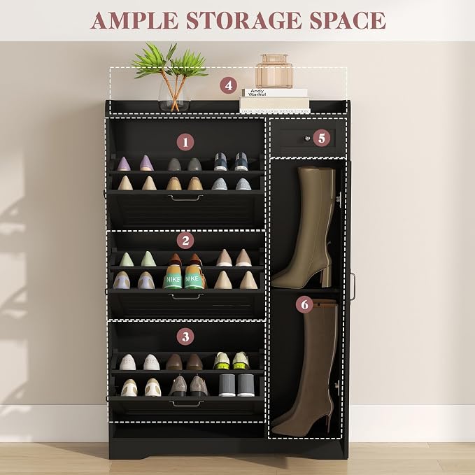 Slim Shoe Storage Cabinet for Entryway, Hidden Shoe Rack Cabinet with Doors, Drawers & Adjustable Shelf, Narrow Freestanding Ventilated Design, Thin Wooden Boot Storage Organizer, Black