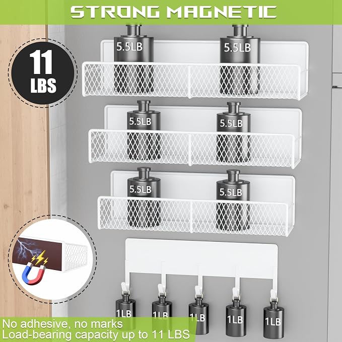 4 Pack Magnetic Shelves for Washing Machine, Heavy-Duty Magnetic Laundry Organizer with Hooks, Washing Machine Shelf for Refrigerator, Metal Storage Baskets, Closet & Laundry Room Organization(White)