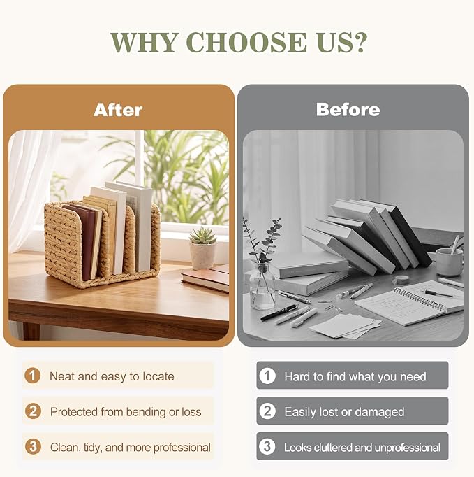 Novabright Water Hyacinth Magazine Holder, Wicker Rattan File Organizer, 3 Vertical Compartments Desktop Paper Sorter for Binders, Notebooks, Envelopes, Woven Boho Office Desk Organizer