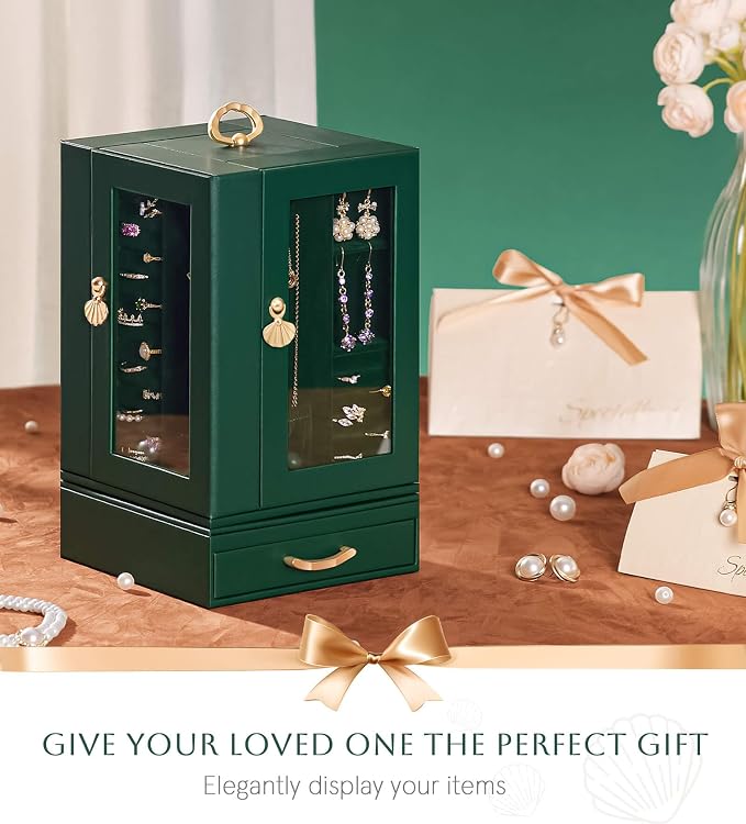 Enthralite Luxury Jewelry Box for Women: 360° Rotating with Clear Window | Compact Jewelry Storage with Drawer - Necklace Ring Organizer with Compartments - Elegant Earring Holder Display Great Gift
