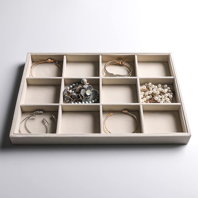 Frebeauty Jewelry Trays for Drawer,Set of 2 Jewelry Organizer and Storage | Velvet Material,Stackable,Adjustable Dividers,Drawer Inserts for Rings Studs Bracelet,Earring Organizer for Women Girls