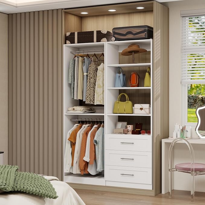 Closet System with 3 Drawers, 4FT-10.5FT Wooden Organizer System | 81"Tall Modular Walk In Closet Storage Organizer System with 4 Hanging Rods& 4 Adjustable Shevles, 2 Set,White