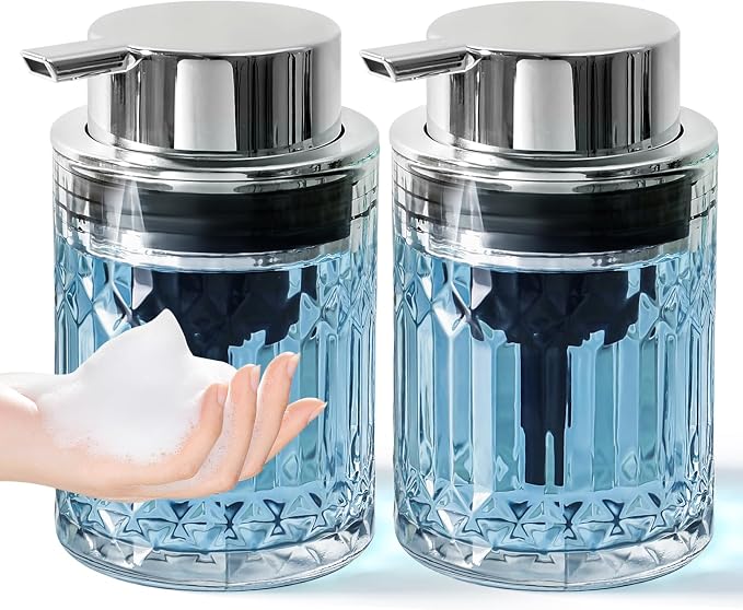 RYTOXILO Foaming Soap Dispenser, 2 Pack Clear Glass Foam Hand Soap Dispenser for Bathroom, Refillable 7.8 Fl Oz Foamy Pump Bottle with Plastic Sliver Pump, Modern Dish Soap Foam Dispenser Container