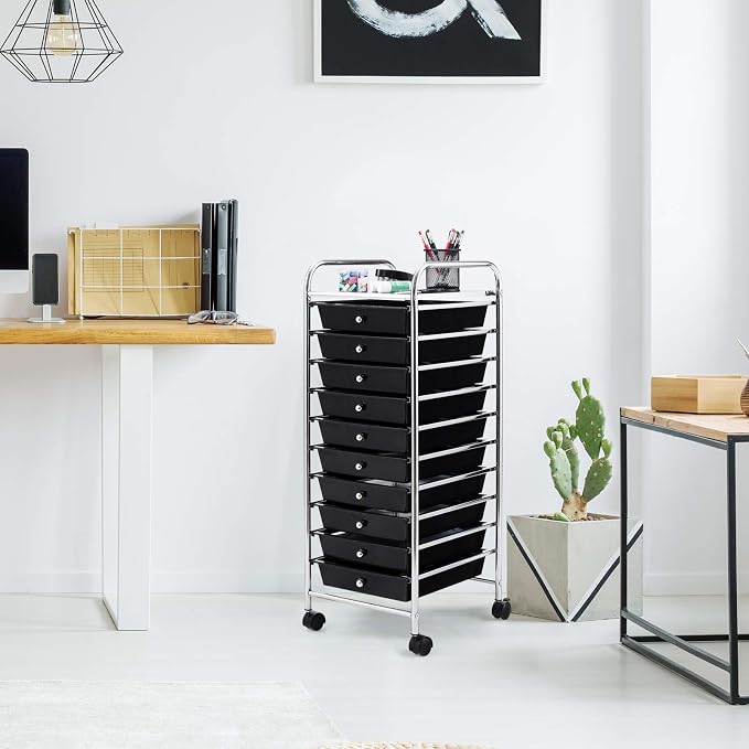 Happygrill 10-Drawer Storage Cart, Utility Cart with Removable Drawers & Metal Frame, Rolling Storage Cart with Lockable Wheels for Home, Office, Black