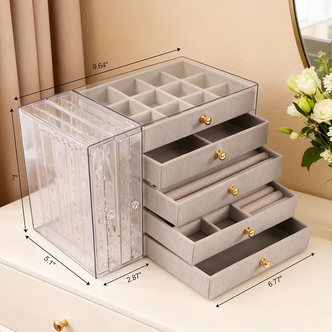 Greenfeather Jewelry Organizer and Storage with 7 Removable Drawers, Clear Acrylic Jewelry Box with 16 Necklace Hooks 48 Pairs of Earring Holes 5 Velvet-Lined Drawers for Rings Bracelets Necklaces