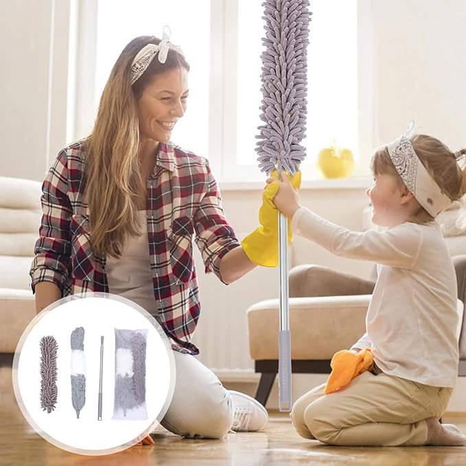 Dual-Head Microfiber Chenille Duster Set 4pcs with Telescopic Handle for Home Cleaning Ceiling Fan Dusting and Household Dust Sweeper