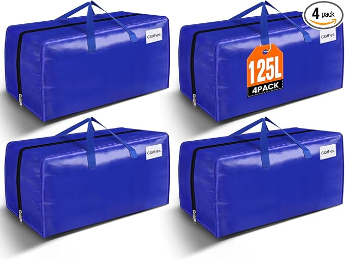 BlissTotes Moving Bags, Heavy Duty Moving Supplies & Storage Bags, Extra Large Packing Bags, Boxes with Tag Pockets, Collapsible Fold Flat Storage Totes, Alternative to Box and Bin, 125L, 4 Packs