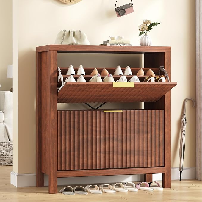 YOMILUVE Shoe Cabinet Storage for Entryway, Fluted Shoe Cabinet with 2 Flip Drawers, Hidden Shoe Rack Tall Freestanding Shoe Organizer with Legs for Hallway, Walnut