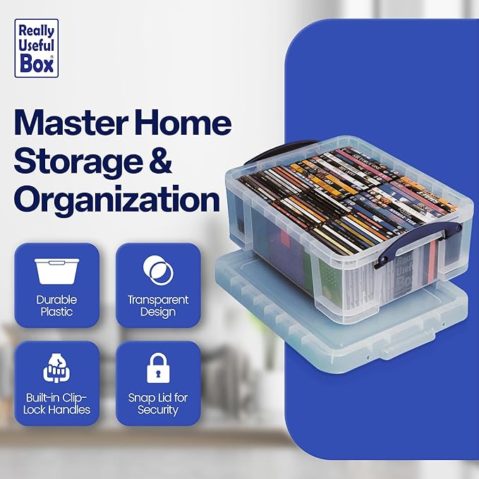 Really Useful Box 17 Liter Plastic Storage Bins with Snap Lids and Clip Lock, Clear