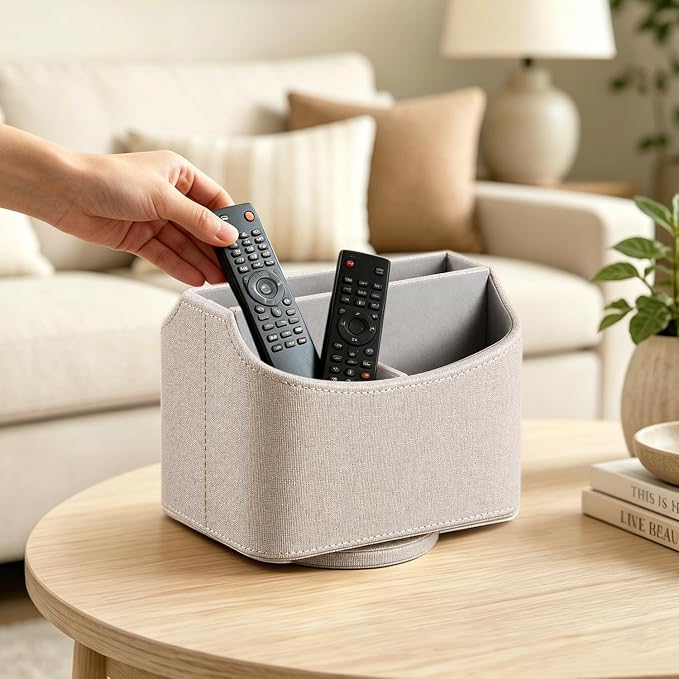 PUSU Leather 360°Rotatable Remote Control Holder,Nightstand TV Remote Caddy | Office Supplies Desktop Organizer,Spinning Storage Box for Pen,Mail,Phone,DVD, Blu-Ray, Media Player,Heater Controllers