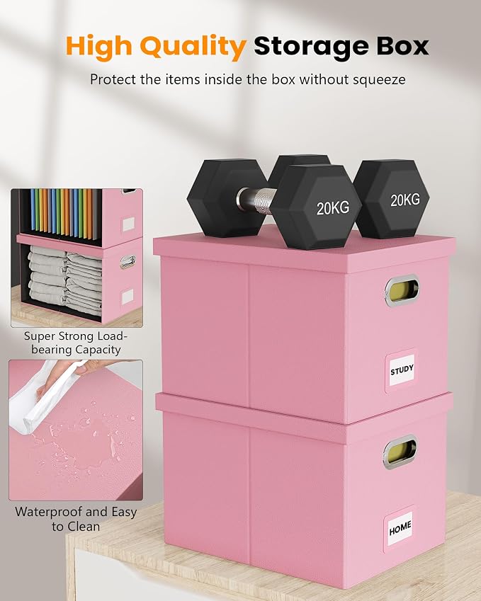 Oterri 2 Pack File Storage Organizer Box,Filing Box,Portable File Box with Lid,Fit for Letter/Legal File Folder Storage, Pink(Leather)-Box only