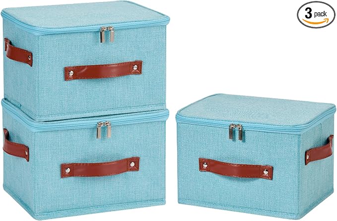 3PCS Storage Bins Boxes with Zippered Lids Cotton Linen Fabric Decorative Basket PU Leather Handles PP Plastic Board Foldable Lidded Clothing Shelf Closet Organizer Container (Blue, Small)