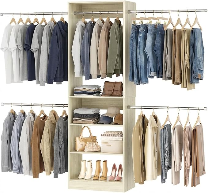 Homieasy Closet System, 4.5-11.5 Ft Expandable Closet Organizer with 5 Hanging Rods, Walk-in Wood Closet Organizer System with Storage Tower, Heavy Duty Garment Rack Wardrobe for Bedroom, Light Oak