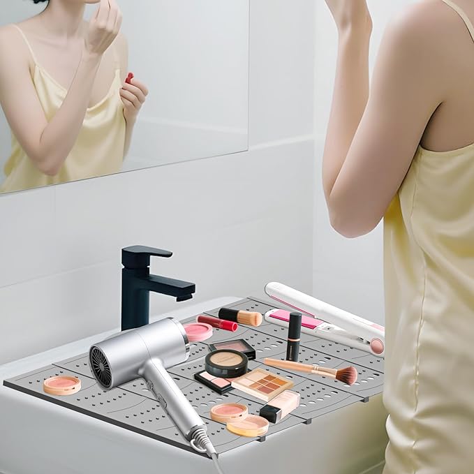 Mofason Large Bathroom Sink Makeup Mat Space Saver,Silicone Makeup Organizer Cover for Over Countertop,Small Bathroom Must Haves Accessories Rv Camper Travel Foldable Gadgets-Grey.