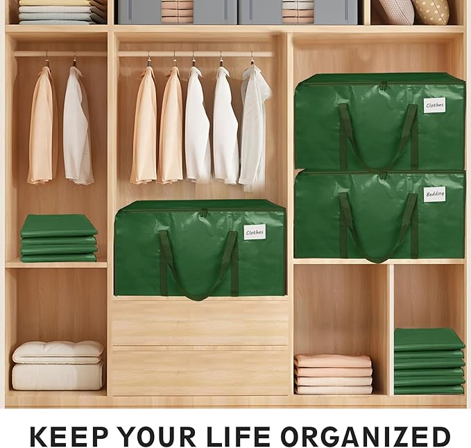 6 Pack-Extra Large Heavy Duty Moving Bags - Waterproof Storage Totes with Handles & Zippers, Foldable for College Dorm, Storage (olive green)