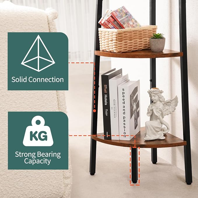 Yoobure 5‑Tier Corner Shelf – Sturdy Metal Frame & Wood Ladder Bookshelf, Space‑Saving Display Shelves for Plants & Books, Easy Assembly, for Bedroom, Living Room, Office, Balcony