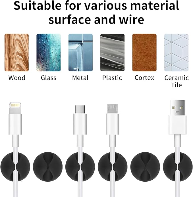 tifanso 6PCS Cable Clips Black - Adhesive Cord Cable Clips Holder Wire Organizer for Desk, Wire Holders for Cords, Nightstand, Home and Office | Self-Adhesive, No Drill Easy Install, Ideal for Desk Nightstand & More, Secure Cord Holders, Keep Wires Nea...