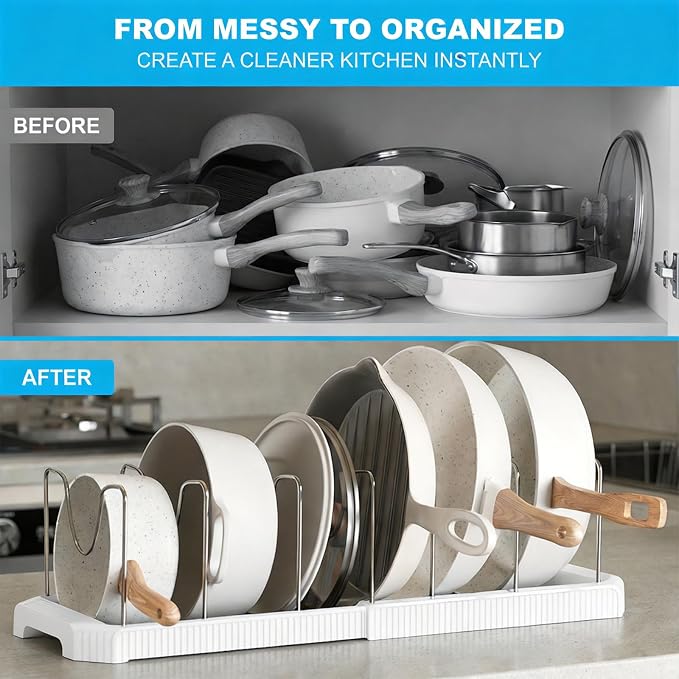 A Pots and Pans Organizer Rack for Under Cabinet, Expandable 12.99''-22.05'' Pot Lid Holder with 7 Adjustable Dividers, Space-Saving Storage for Renters, Small Homes&Cooks (White)