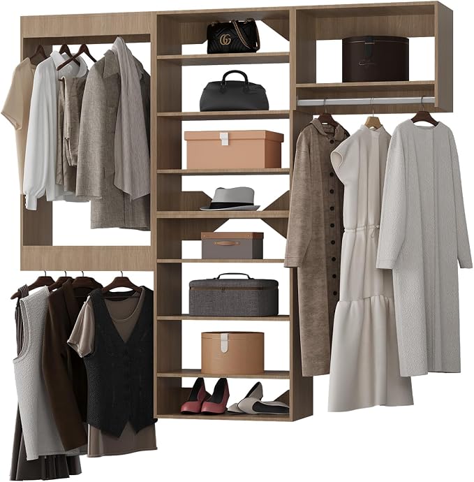 ROOMTEC Modular Closet System, 60" Wall-Mounted Closet Organizer with Hanging Rods, Modern Wooden Tower for Walk-In Closets, Wardrobe Storage Kit, Wood