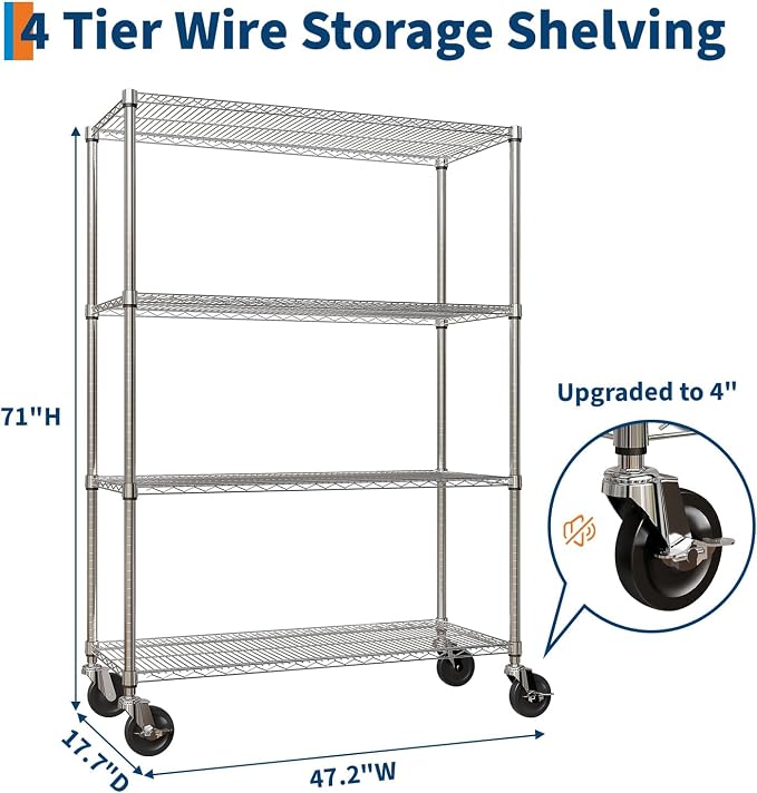 Garvee NSF Metal Shelving with Wheels, 4-Tier/1800LBS, 71"H Storage Shelves | Adjustable Wire Shelving Rack, Chrome Plating, Heavy Duty, Rolling Racks for Kitchen Commercial, 47.2"Wx17.7"D, Easy to Clean