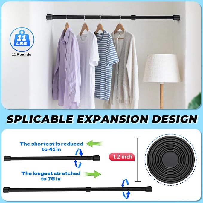 2 Pack Black Tension Rods, 41"-75" Adjustable Shower Curtain Rods, Heavy Duty No Drilling Rod, 11lbs Max Load, 1.2" End Cap, 19/22mm Tube, Metal, for Bathroom, Window, Bedroom, Doorway, Closet
