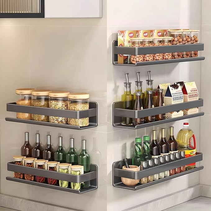 Adhesive Wall Mount Spice Rack Organizer, No-Drill Carbon Steel Spice Storage Shelf for Kitchen Cabinet, RV Camper, and Bathroom Counter, Multi-Purpose Wall Shelf for Seasonings, and bathroom supplies