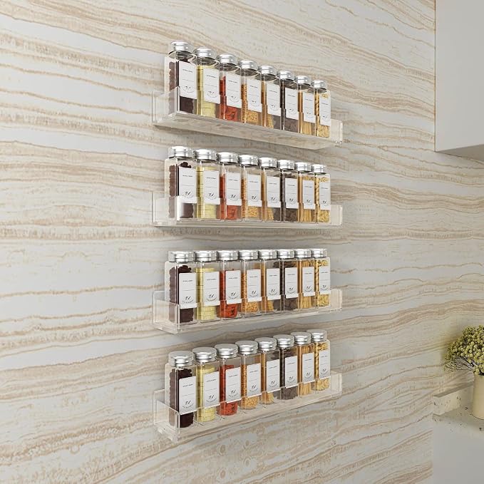 FEMELI Acrylic Wall Mount Spice Rack - 15 Inch, 4 Pack Hanging Spice Rack Shelf for Cabinets, Cupboard or Pantry Door, Kitchen Organizer