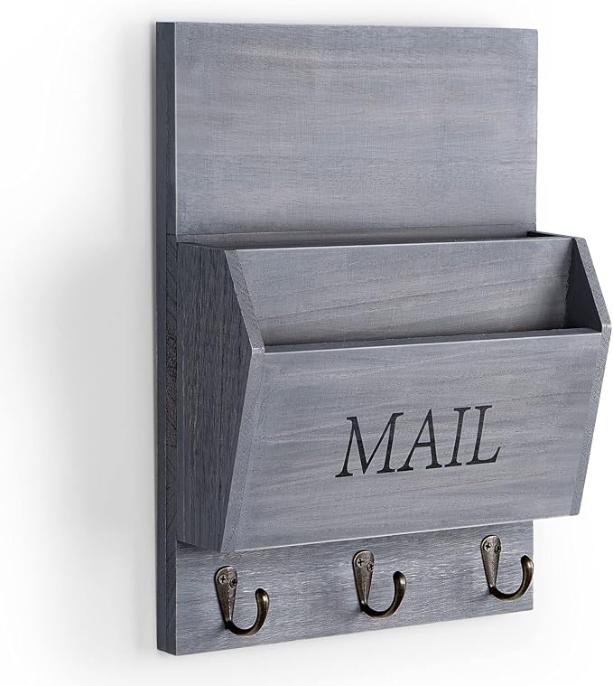 DLQuarts Mail Organizer with Key Holder for Wall Decorative Mail Sorter Wall Mounted, Wooden Mail Holder with 3 Hooks, Gray