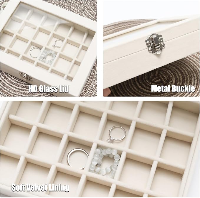 Small Velvet Jewelry Tray with Clear Lid, Lockable Ring Earring Holder Organizer Storage Box Case Jewelry Box Organizer for Rings Earrings Bracelets Brooches, 24 Grids Beige