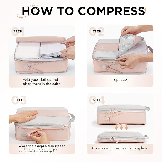 OlarHike 4 Set Compression Packing Cubes for Travel Essentials,Compressible Expandable Space Saver Bags for Organizing Clothes,Luggage Suitcase Garment Bags with Over 1000 pcs Mesh Holes(Beige)